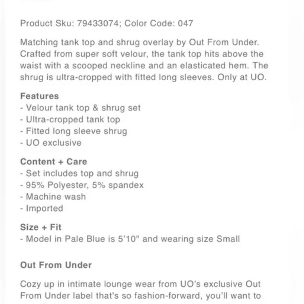 #21 NWT URBAN OUTFITTERS OUT FROM UNDER ARIA VELOUR TANK TOP AND SHRUG SET - Picture 7 of 7